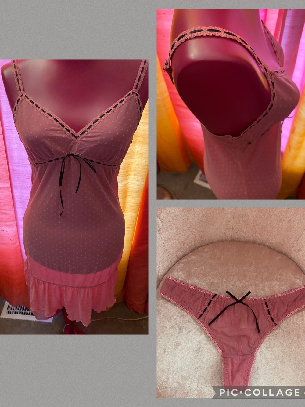 Sheer pink and black Donna Loren sexy nightgown and thong panty size M